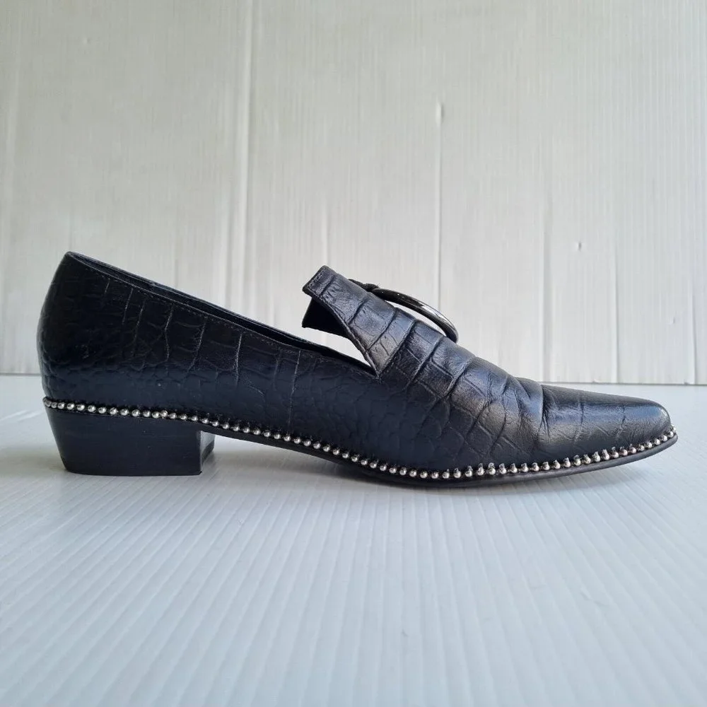 Skin Black Crocodile Print Leather O-Ring Detail Pointed Toe Loafers Size 38 - Picture 4 of 7